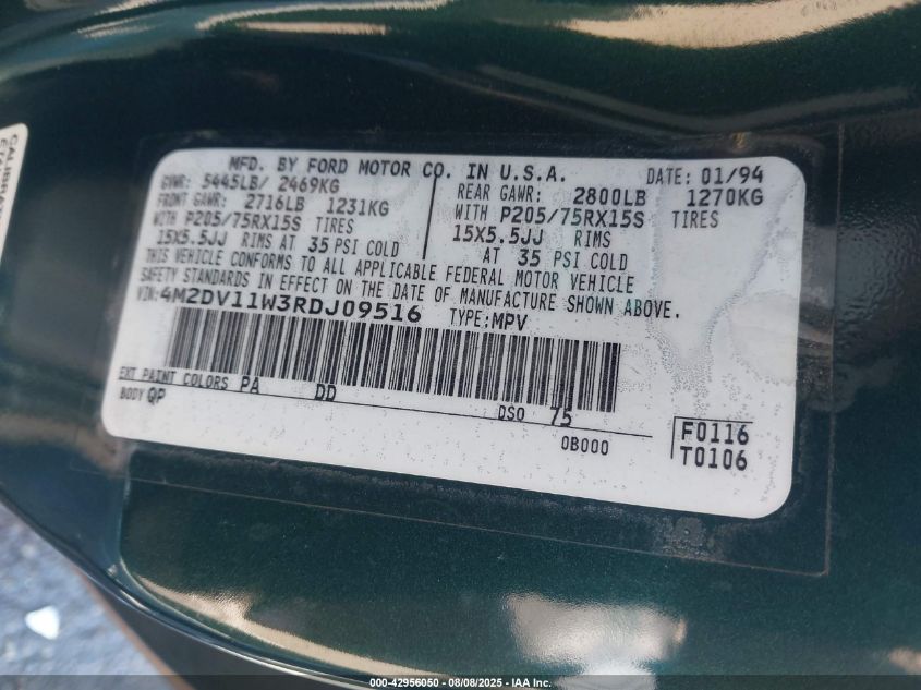 1994 Mercury Villager VIN: 4M2DV11W3RDJ09516 Lot: 42956050