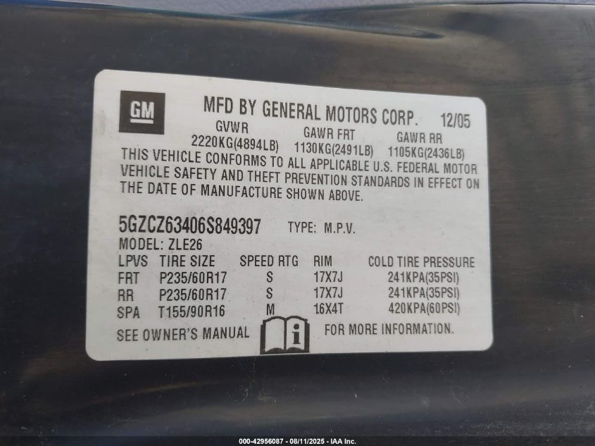 2006 Saturn Vue VIN: 5GZCZ63406SB49397 Lot: 42956087