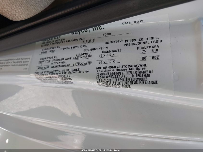 2019 Ford E-450 Cutaway VIN: 1FDXE4FS8KDC12930 Lot: 42956177