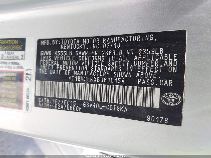 2011 Toyota Camry Se V6 VIN: 4T1BK3EKXBU610154 Lot: 42956192