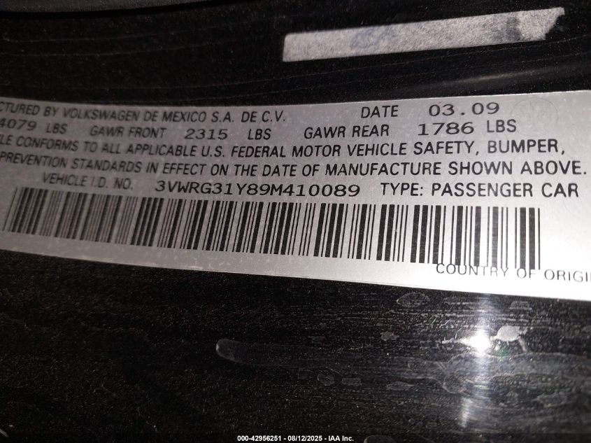 2009 Volkswagen New Beetle 2.5L VIN: 3VWRG31Y89M410089 Lot: 42956251