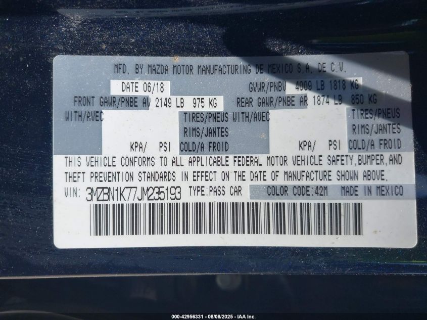2018 Mazda Mazda3 Sport VIN: 3MZBN1K77JM235193 Lot: 42956331