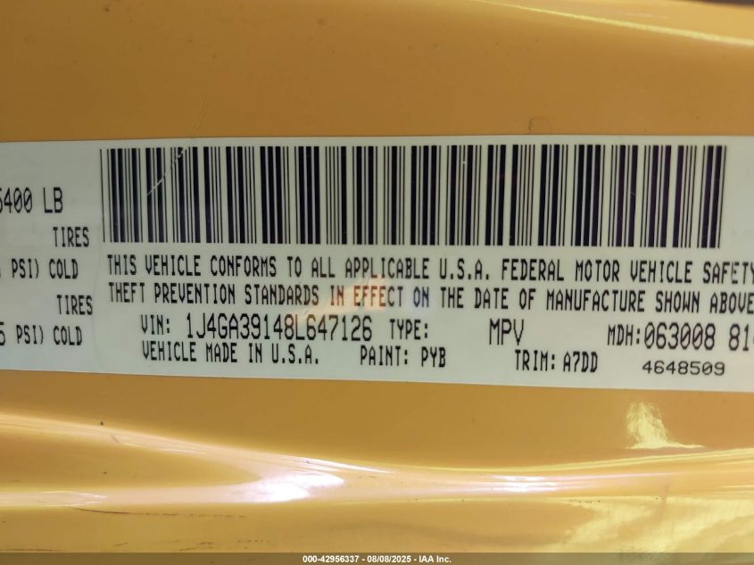 2008 Jeep Wrangler Unlimited X VIN: 1J4GA39148L647126 Lot: 42956337