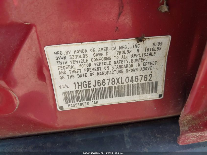 1999 Honda Civic Lx VIN: 1HGEJ6678XL046762 Lot: 42956388
