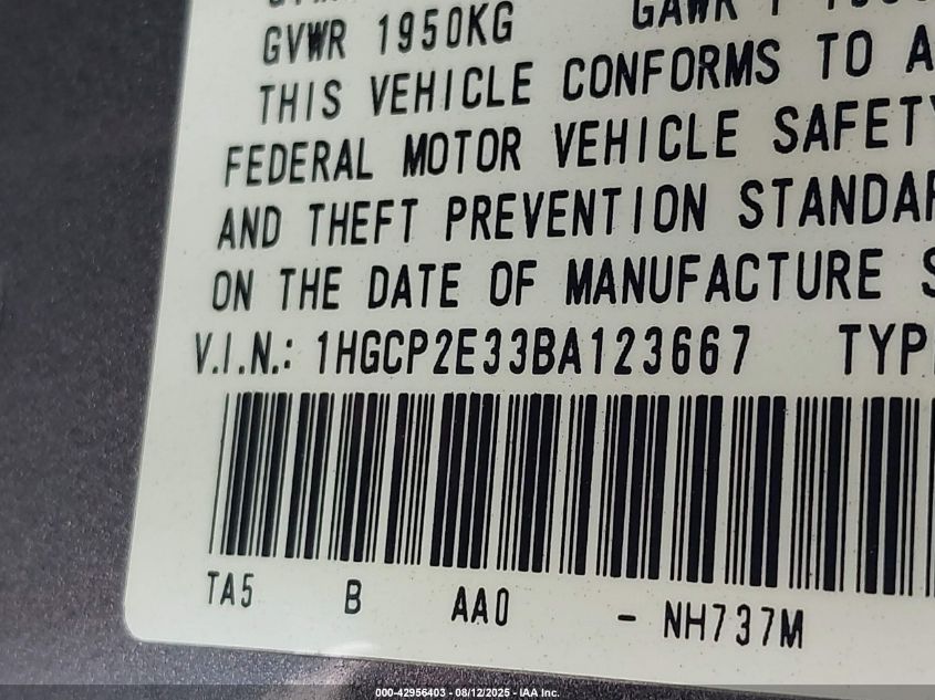 2011 Honda Accord 2.4 Lx VIN: 1HGCP2E33BA123667 Lot: 42956403