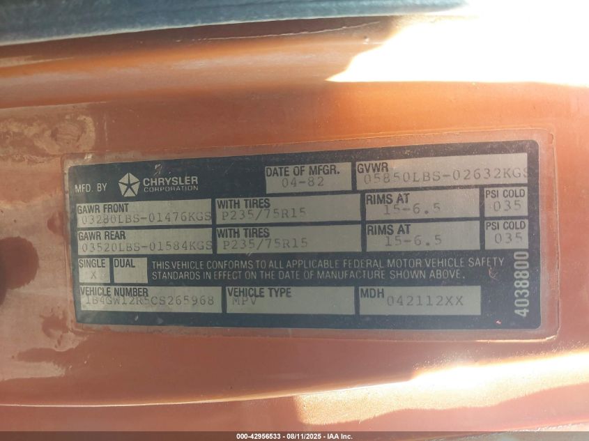 1982 Dodge Ramcharger Aw-100 VIN: 1B4GW12R5CS265968 Lot: 42956533