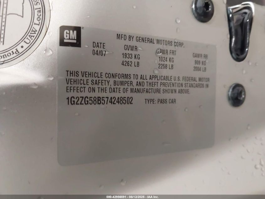 2007 Pontiac G6 VIN: 1G2ZG58B574248502 Lot: 42956591
