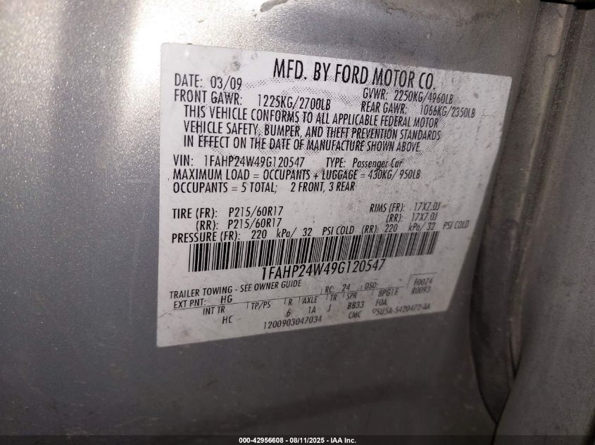 2009 Ford Taurus Sel VIN: 1FAHP24W49G120547 Lot: 42956608