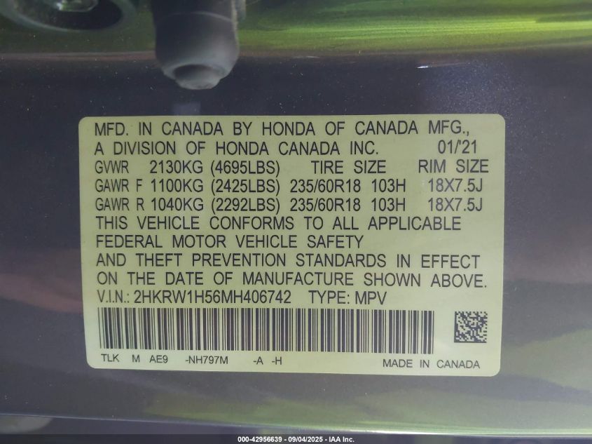 2021 Honda Cr-V 2Wd Ex VIN: 2HKRW1H56MH406742 Lot: 42956639