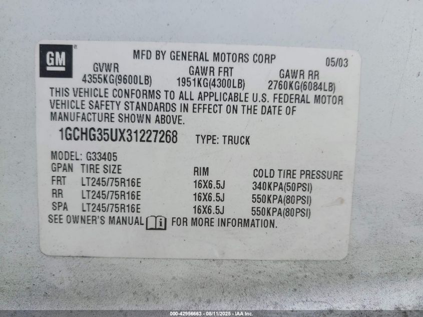 2003 Chevrolet Express VIN: 1GCHG35UX31227268 Lot: 42956663