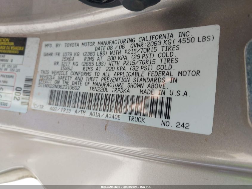 2006 Toyota Tacoma VIN: 5TENX22N06Z310602 Lot: 42956690