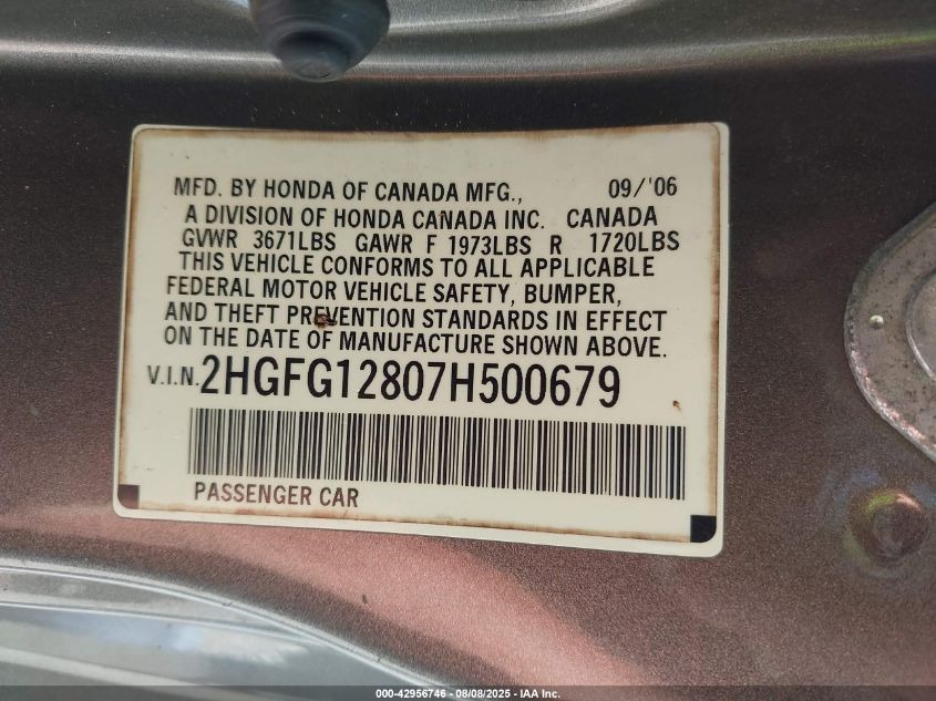 2007 Honda Civic Ex VIN: 2HGFG12807H500679 Lot: 42956746