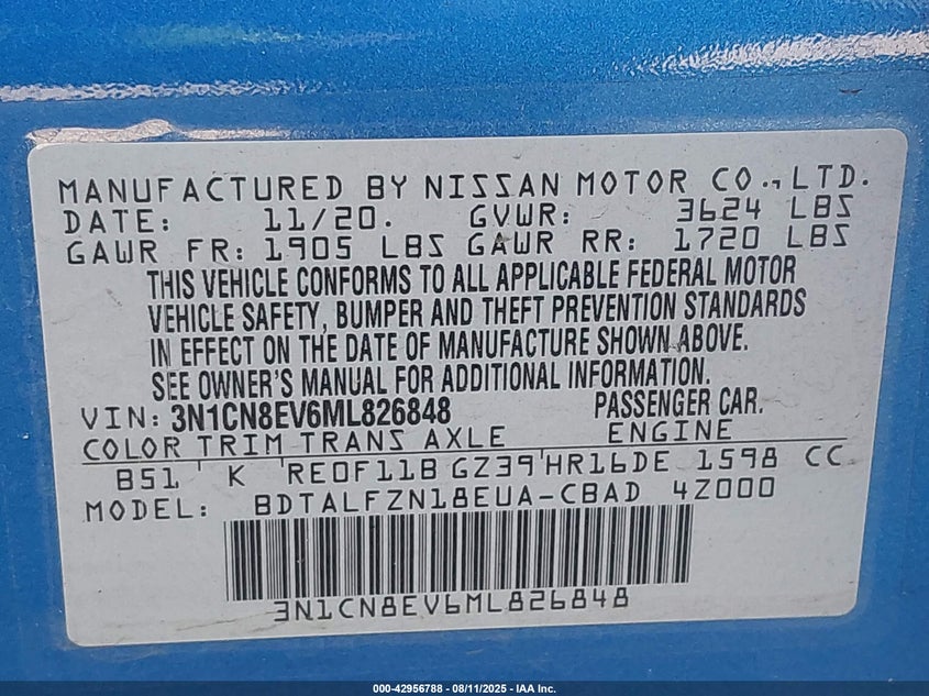 2021 Nissan Versa Sv Xtronic Cvt VIN: 3N1CN8EV6ML826848 Lot: 42956788