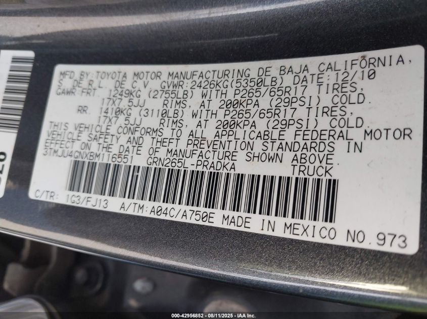 2011 Toyota Tacoma Prerunner V6 VIN: 3TMJU4GNXBM116551 Lot: 42956852