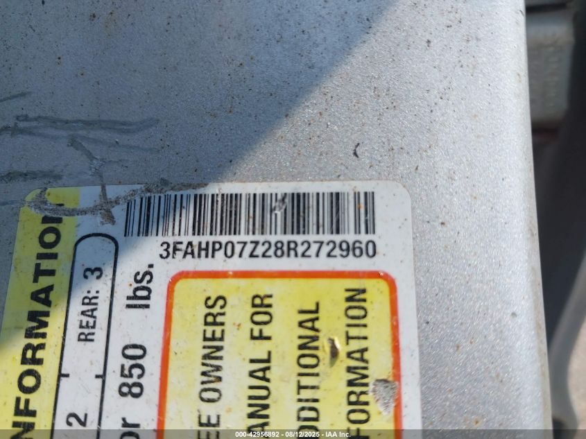 2008 Ford Fusion Se VIN: 3FAHP07Z28R272960 Lot: 42956892