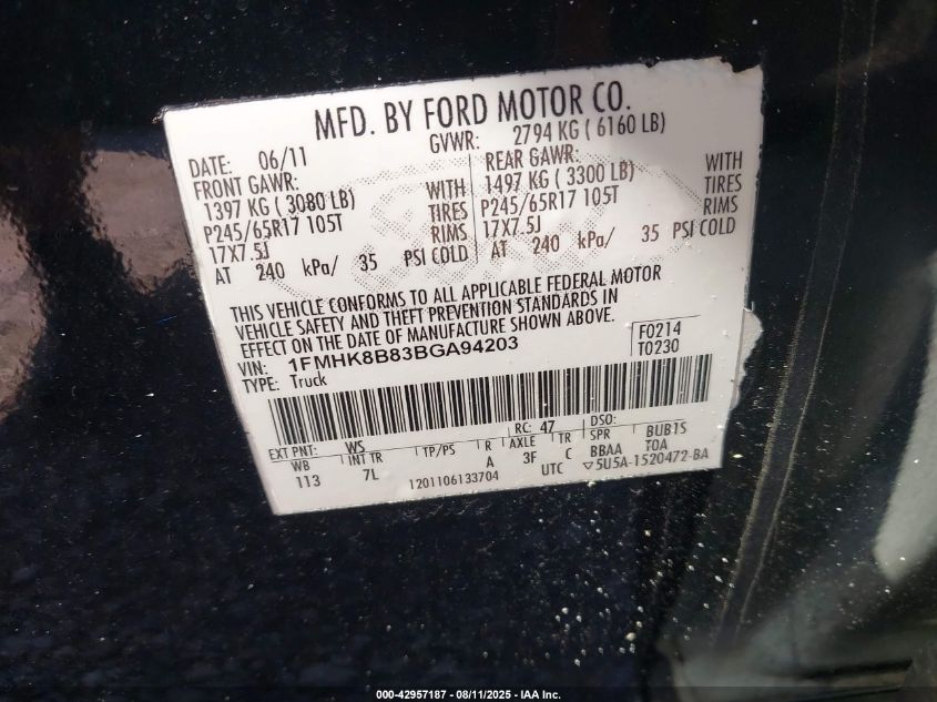 2011 Ford Explorer VIN: 1FMHK8B3BGA94203 Lot: 42957187