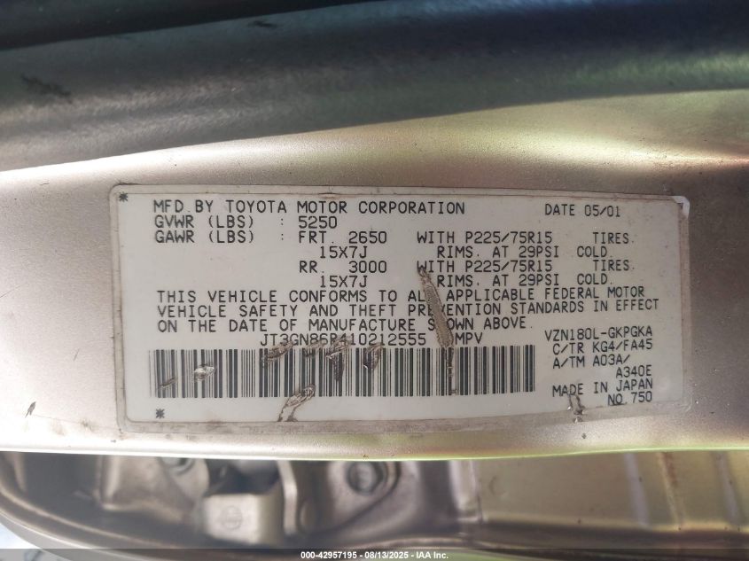 2001 Toyota 4Runner Sr5 V6 VIN: JT3GN86R410212555 Lot: 42957195