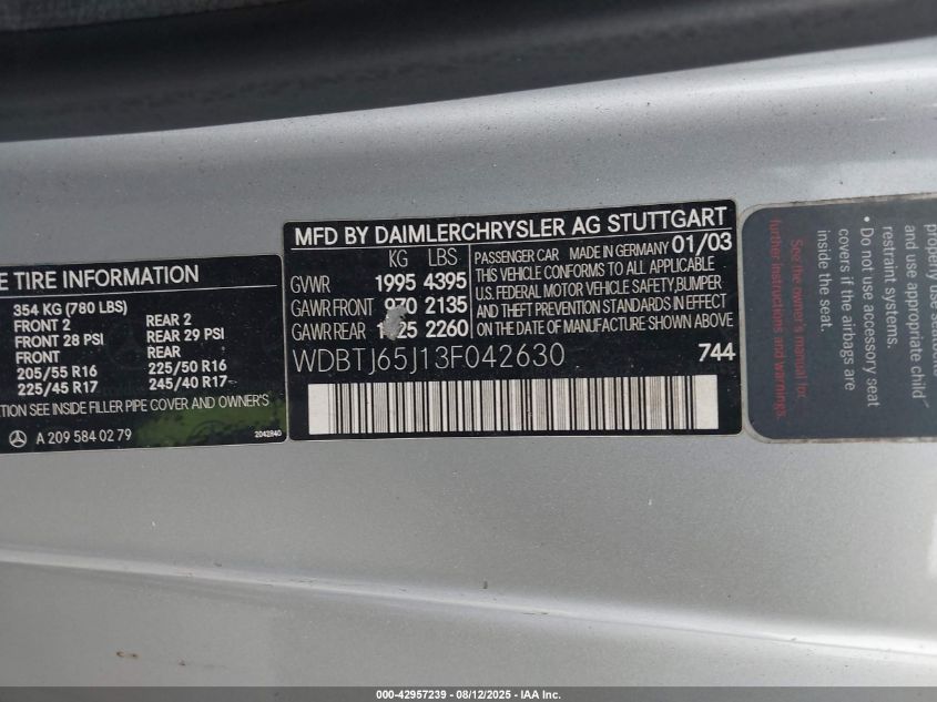 2003 Mercedes-Benz Clk 320 VIN: WDBTJ65J13F042630 Lot: 42957239