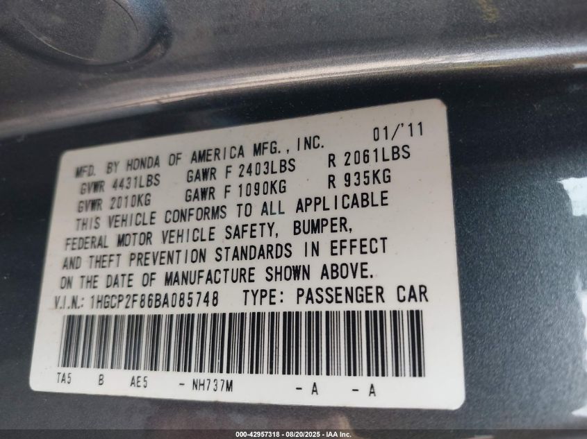 2011 Honda Accord 2.4 Ex-L VIN: 1HGCP2F86BA085748 Lot: 42957318