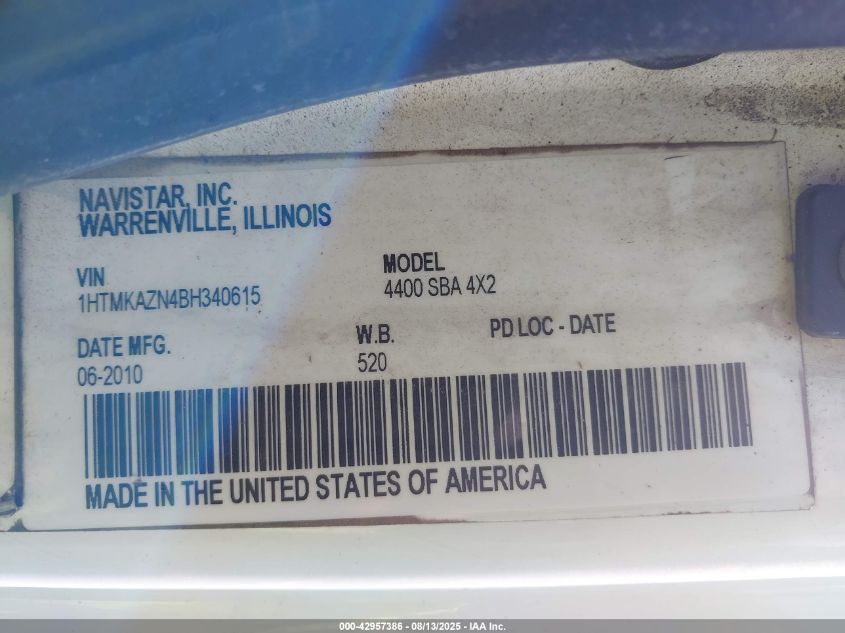 2011 International 4000 4400 VIN: 1HTMKAZN4BH340615 Lot: 42957386