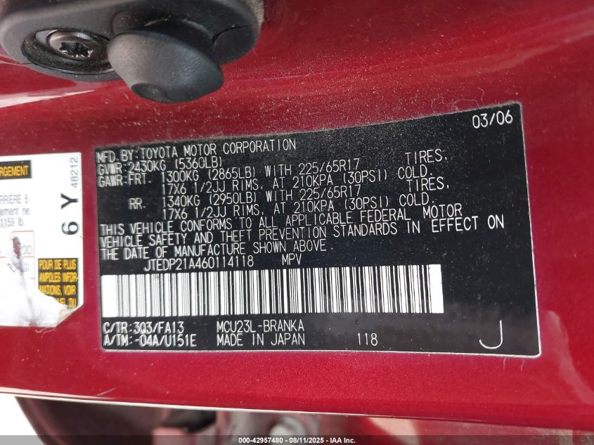 2006 Toyota Highlander Limited V6 VIN: JTEDP21A460114118 Lot: 42957480