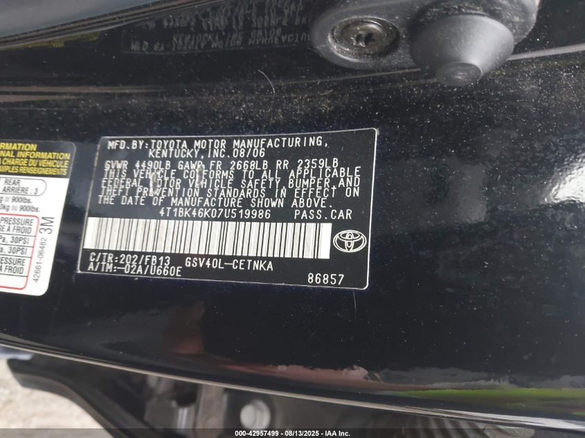 2007 Toyota Camry Le V6/Se V6/Xle V6 VIN: 4T1BK46K07U579986 Lot: 42957499