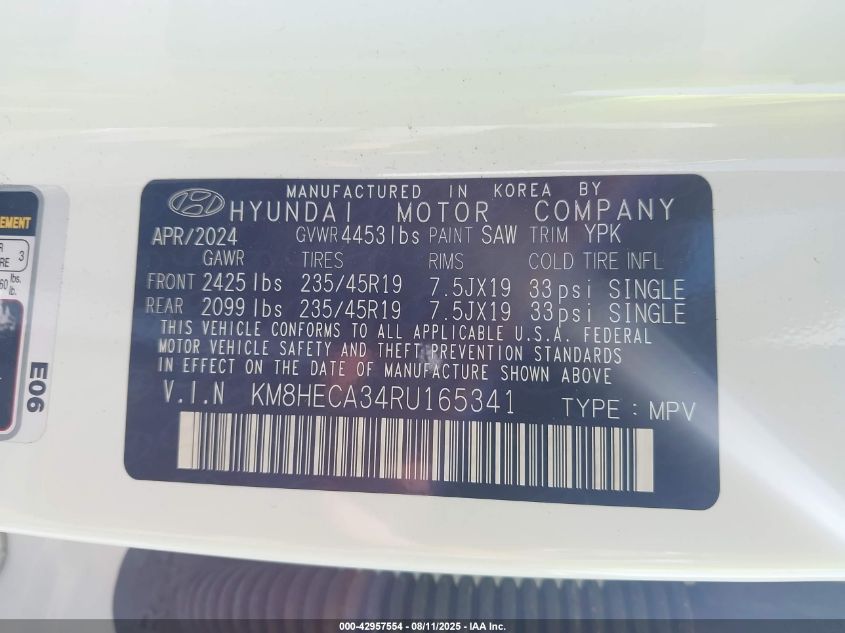 2024 Hyundai Kona Limited VIN: KM8HECA34RU165341 Lot: 42957554