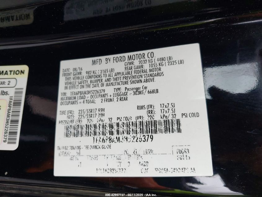 2017 Ford Mustang V6 VIN: 1FA6P8AM3H5226379 Lot: 42957727