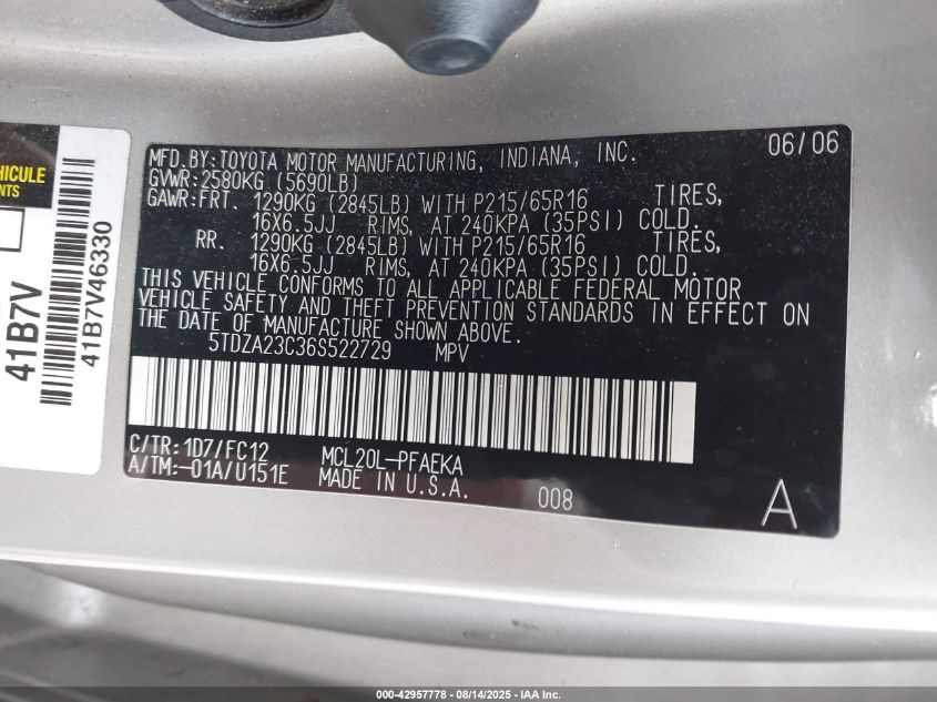 2006 Toyota Sienna Le VIN: 5TDZA23C36S522729 Lot: 42957778