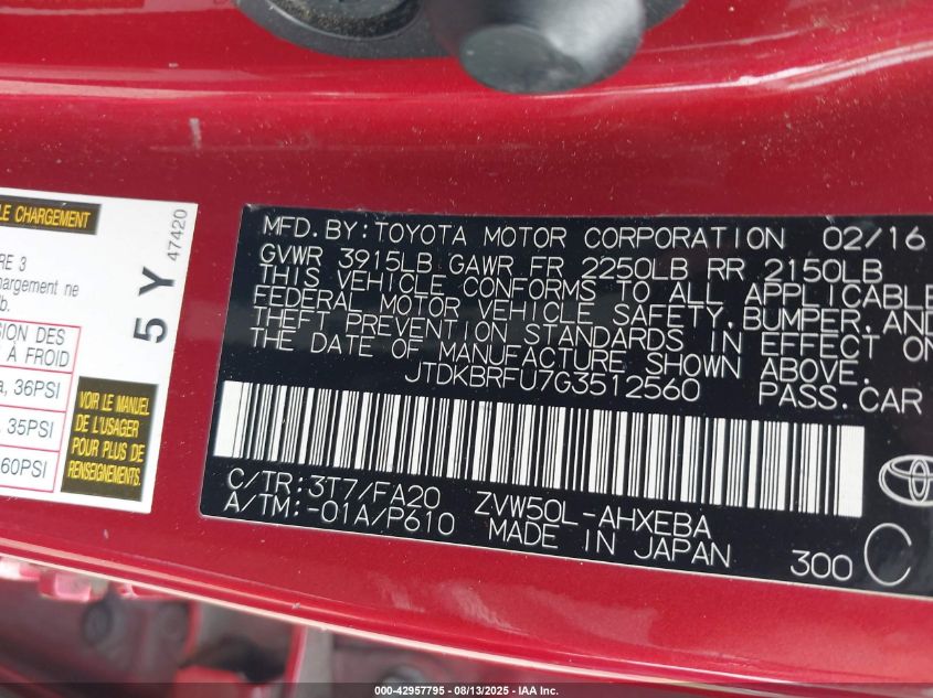 2016 TOYOTA PRIUS TWO JTDKBRFU7G3512560