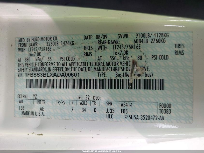 2010 Ford E-350 Super Duty Xl/Xlt VIN: 1FBSS3BLXADA00601 Lot: 42957799