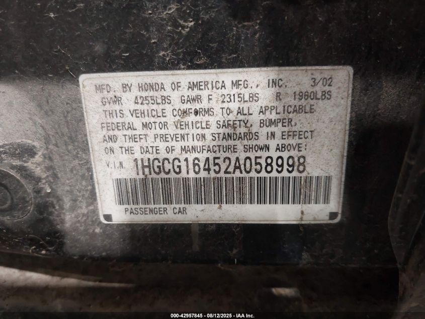 2002 Honda Accord 3.0 Lx VIN: 1HGCG16452A058998 Lot: 42957845