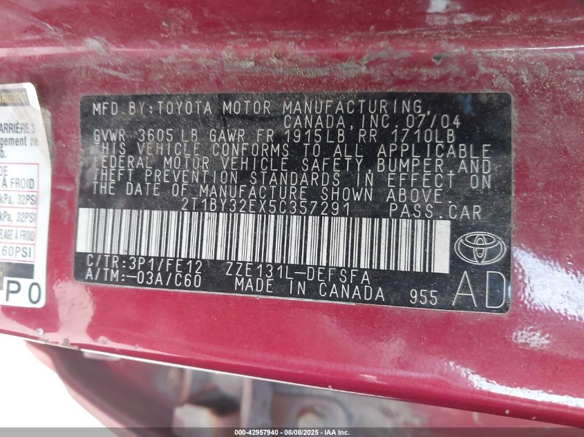 2005 Toyota Corolla Xrs VIN: 2T1BY32EX5C357291 Lot: 42957940