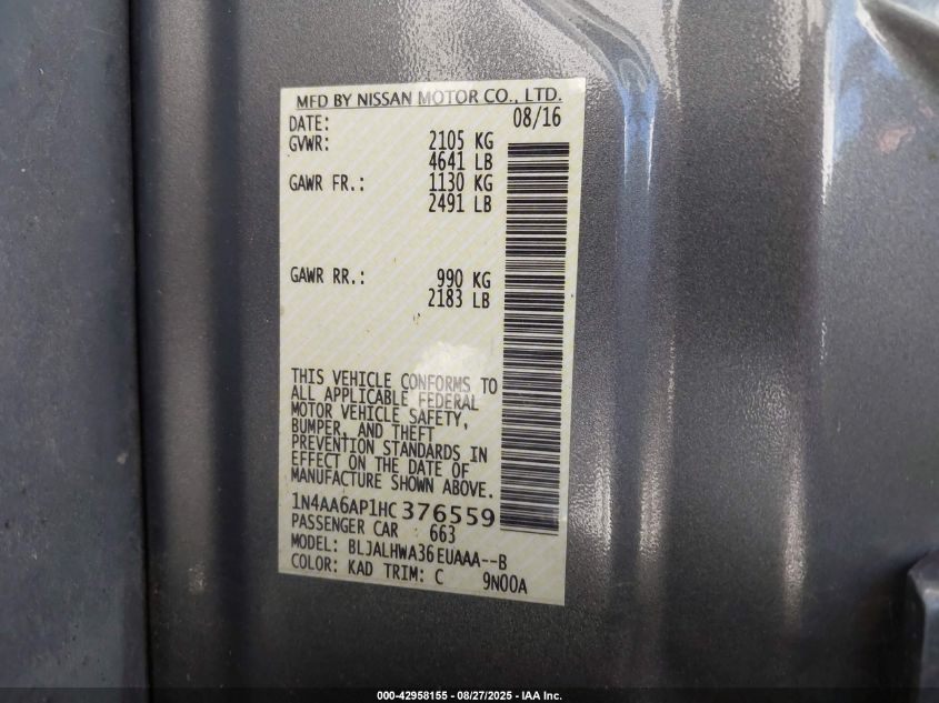 2017 Nissan Maxima 3.5 Platinum VIN: 1N4AA6AP1HC376559 Lot: 42958155