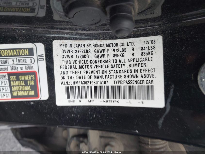 2009 Honda Civic Hybrid VIN: JHMFA36219S015107 Lot: 42958259