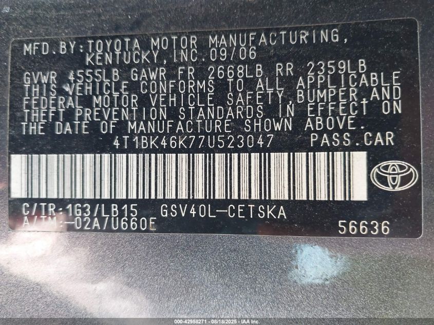 2007 Toyota Camry Se V6 VIN: 4T1BK46K77U523047 Lot: 42958271