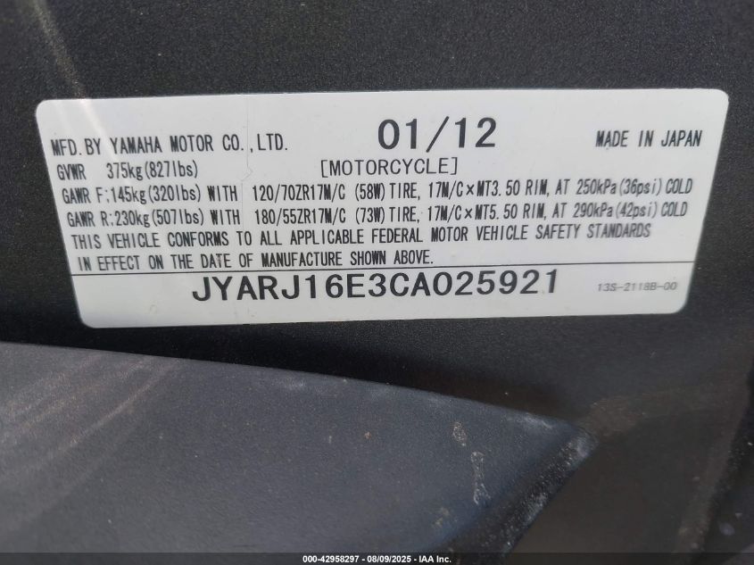 2012 Yamaha Yzfr6 VIN: JYARJ16E3CA025921 Lot: 42958297