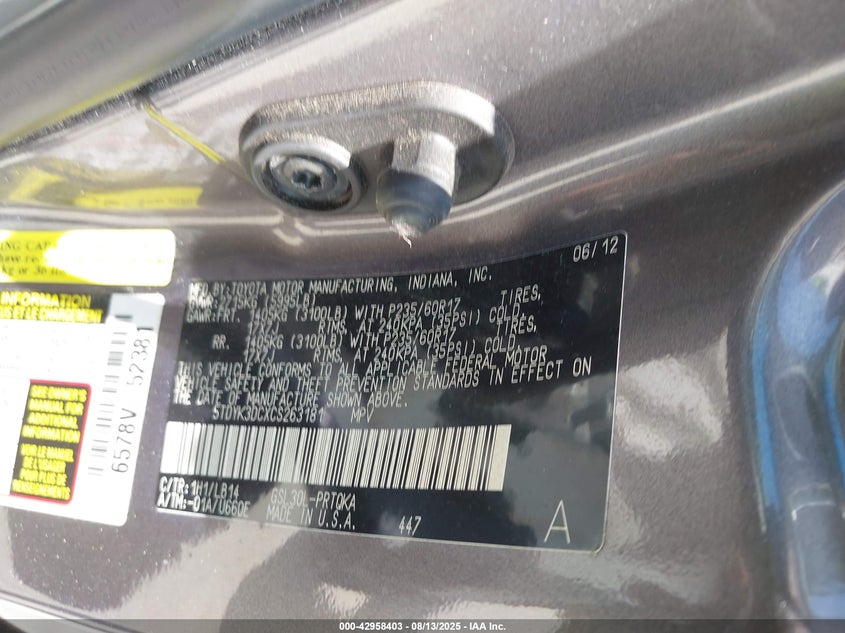 2012 Toyota Sienna Xle V6 8 Passenger VIN: 5TDYK3DCXCS263181 Lot: 42958403