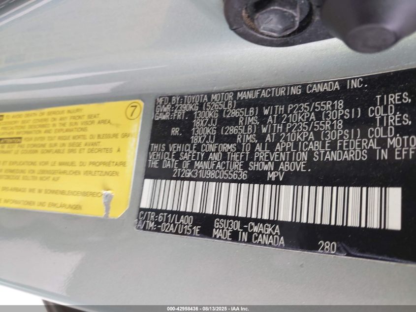 2008 Lexus Rx 350 VIN: 2T2GK31U98C055636 Lot: 42958436