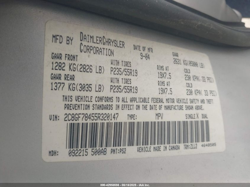 2005 Chrysler Pacifica Limited VIN: 2C8GF78455R320147 Lot: 42958556