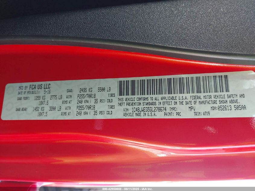 2016 Jeep Wrangler Unlimited Sahara VIN: 1C4BJWEG5GL278674 Lot: 42958688