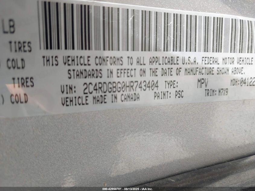 2017 Dodge Grand Caravan Se Plus VIN: 2C4RDGBG0HR743404 Lot: 42958781