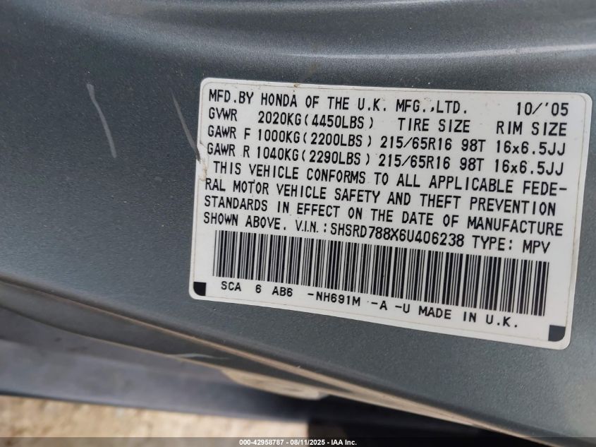 2006 Honda Cr-V Ex VIN: SHSRD788X6U406238 Lot: 42958787