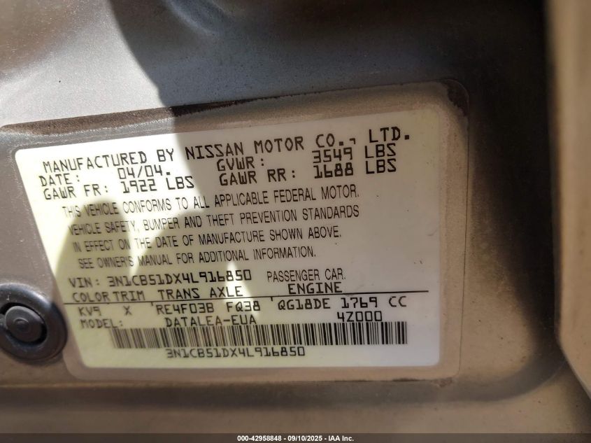 2004 Nissan Sentra 1.8S VIN: 3N1CB51DX4L916850 Lot: 42958848