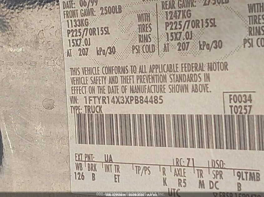 1999 Ford Ranger Xlt VIN: 1FTYR14X3XPB84485 Lot: 42958856