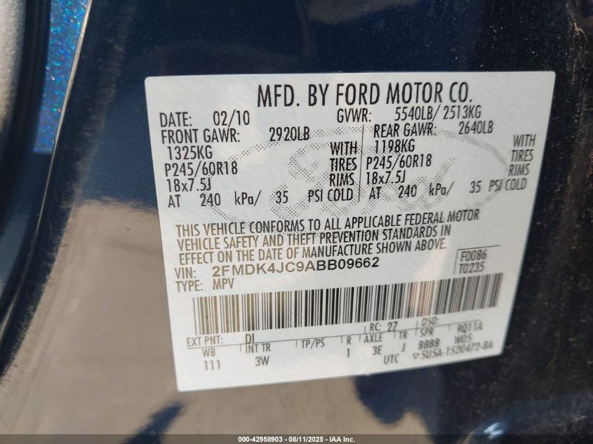 2010 Ford Edge Sel VIN: 2FMDK4JC9ABB09662 Lot: 42958903