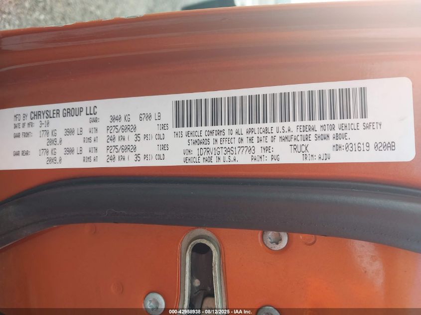 2010 Dodge Ram 1500 Slt/Sport/Trx VIN: 1D7RV1GT3AS177703 Lot: 42958938