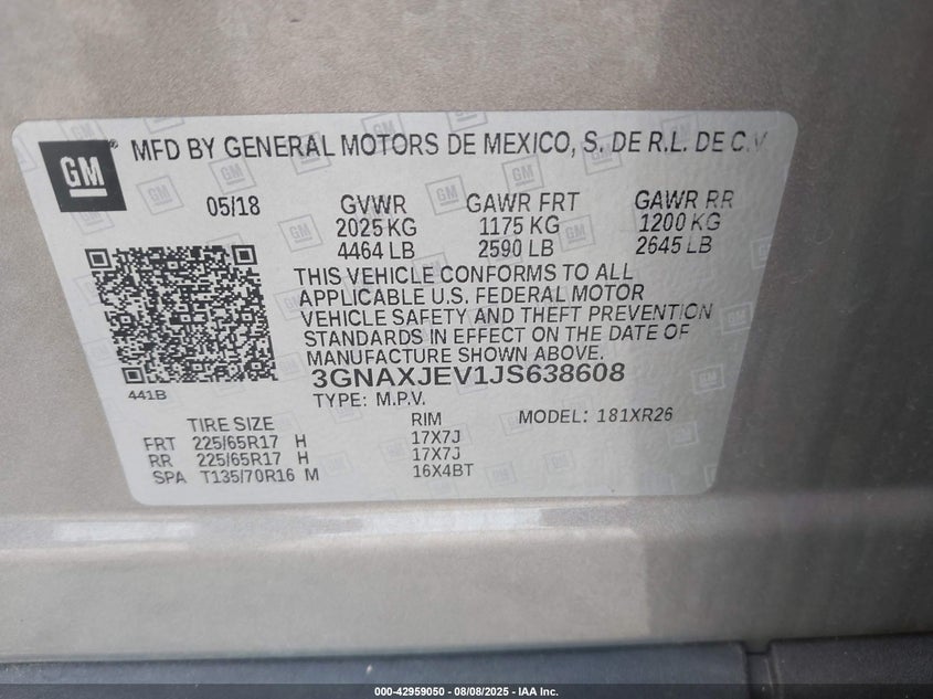 2018 CHEVROLET EQUINOX LT 3GNAXJEV1JS638608