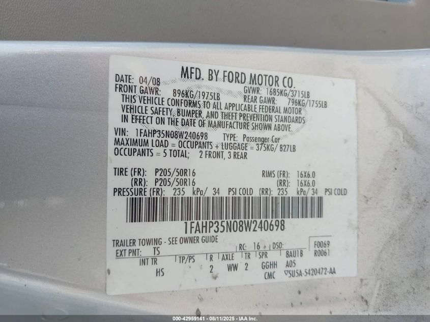 2008 Ford Focus Se/Ses VIN: 1FAHP35N08W240698 Lot: 42959141