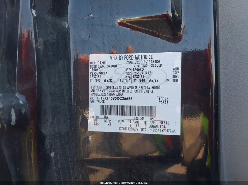 2005 Ford F-150 Fx4/Lariat/Xl/Xlt VIN: 1FTPX14585KC36686 Lot: 42959166